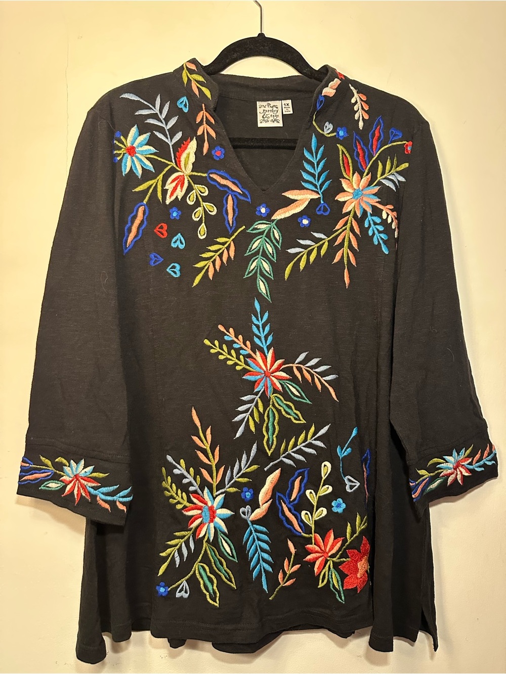 Parsley & Sage Black Tunic with Multicolor Floral Embroidery